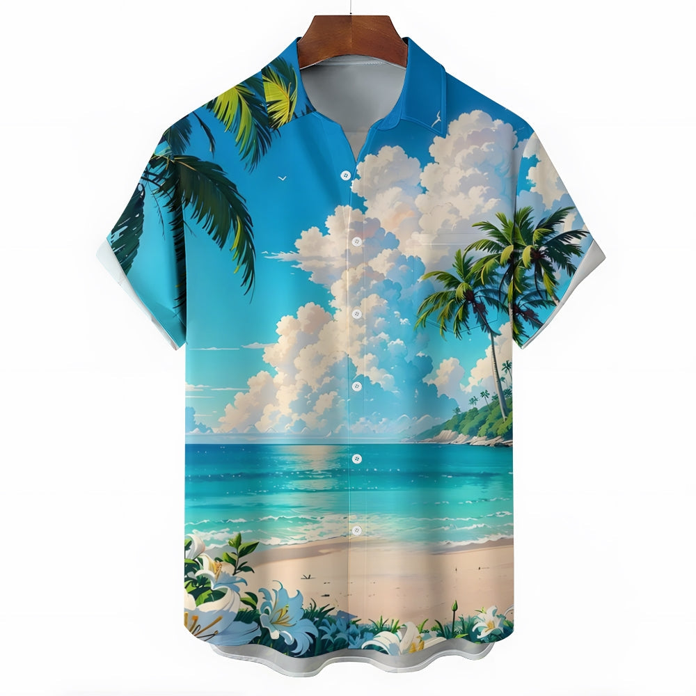 Beach Landscape Print Casual Hawaiian Shirt