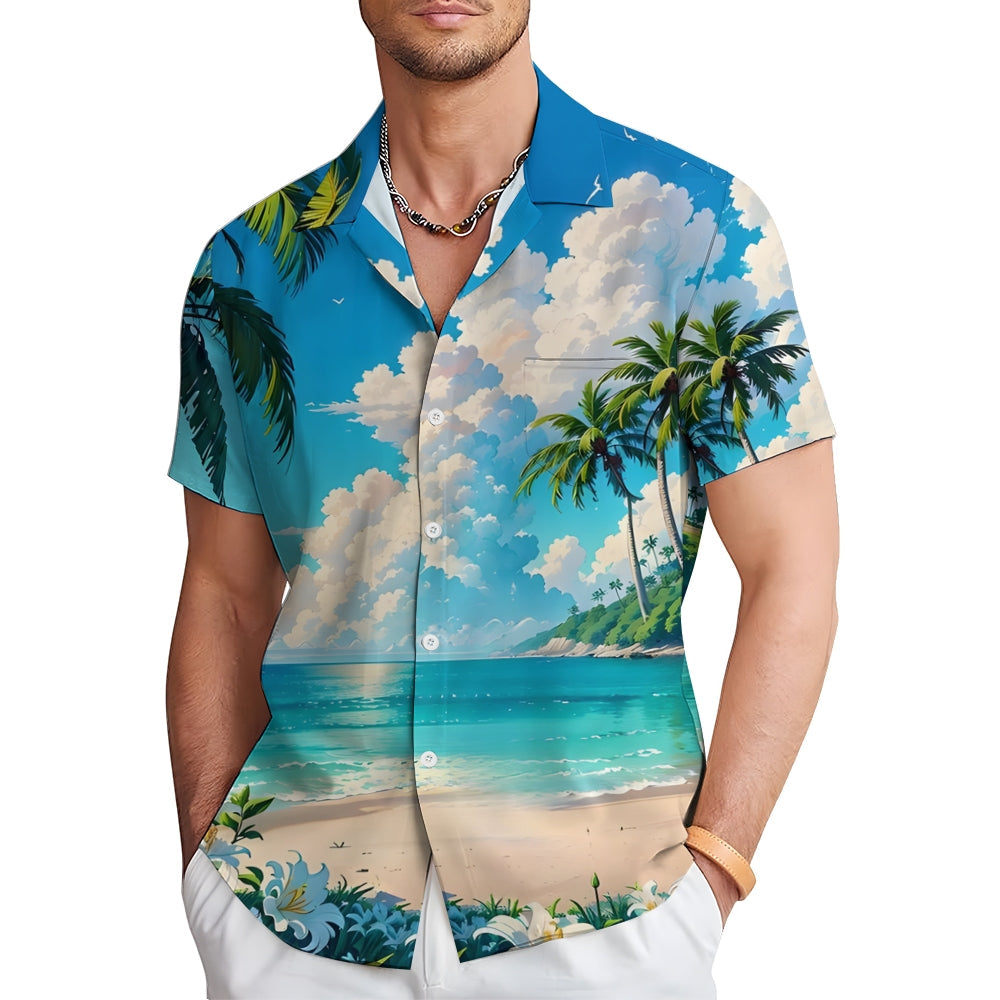 Beach Landscape Print Casual Hawaiian Shirt