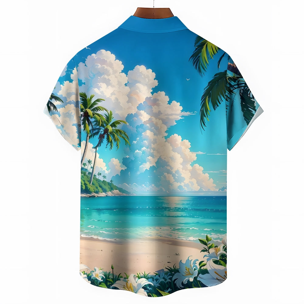 Beach Landscape Print Casual Hawaiian Shirt