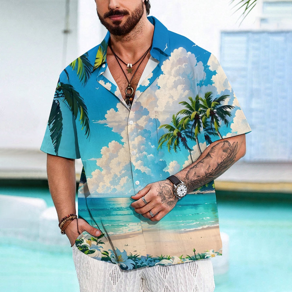 Beach Landscape Print Casual Hawaiian Shirt