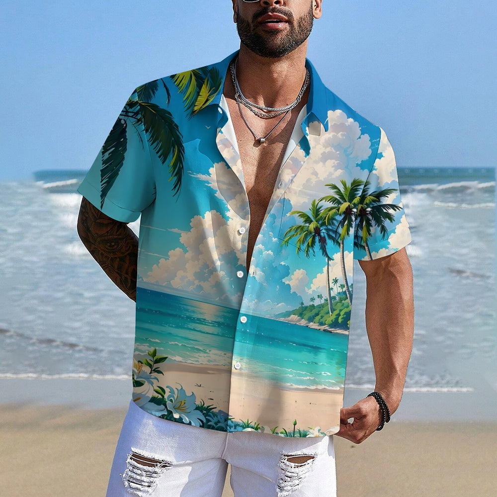 Beach Landscape Print Casual Hawaiian Shirt