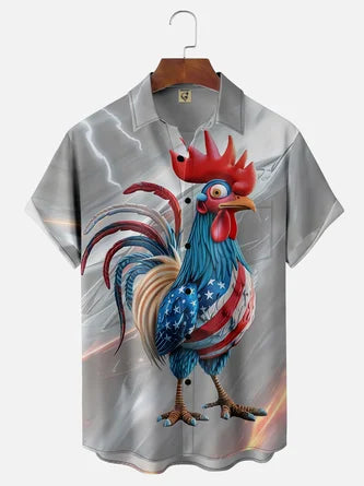 American Flag Rooster Hawaiian Shirt with Chest Pocket