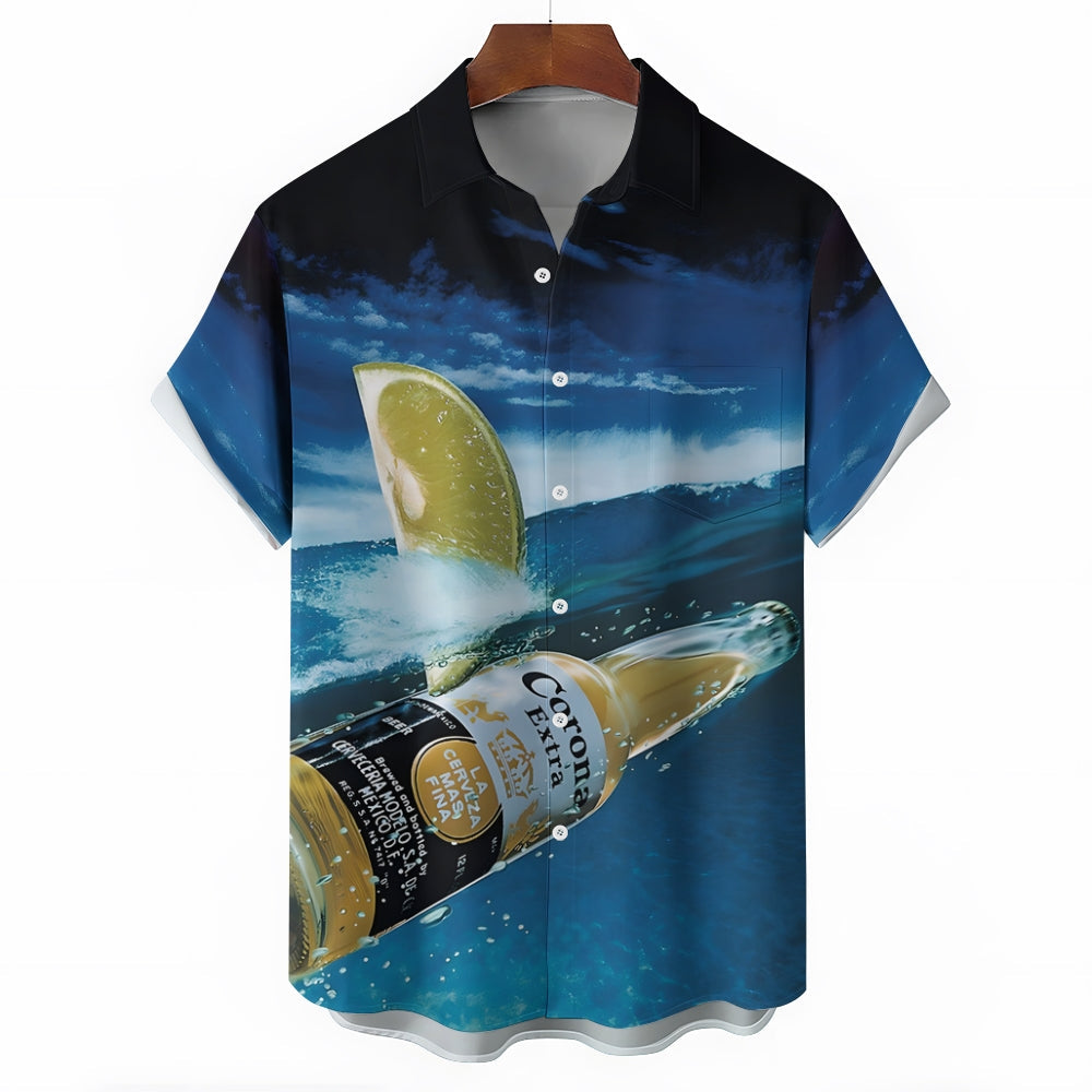 Beer Surf Print Casual Oversized Hawaiian Shirt