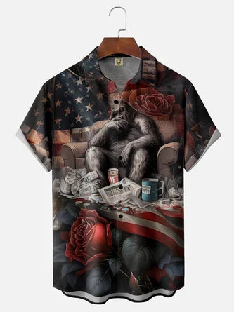 American Flag Bigfoot Pocket Hawaiian Shirt - Moisture-wicking and Breathable