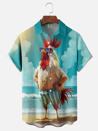 Beach Fun Chicken Chest Pocket Hawaiian Shirt - Ideal for the Tall and Active!