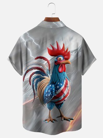 American Flag Rooster Hawaiian Shirt with Chest Pocket