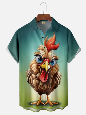 Artistic Rooster Chest Pocket Hawaiian Shirt with Moisture-Wicking Fabric