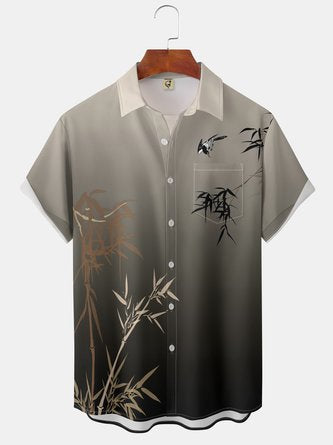 Bamboo Paradise: Moisture-wicking Hawaiian Shirt with Art Ink Painting and Chest Pocket