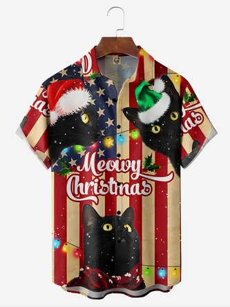 American Flag Black Cat Christmas Chest Pocket Hawaiian Shirt