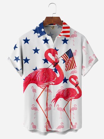 American Flag Flamingo Chest Pocket Hawaiian Shirt