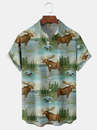 Animals Chest Pocket Short Sleeve Hawaiian Shirt