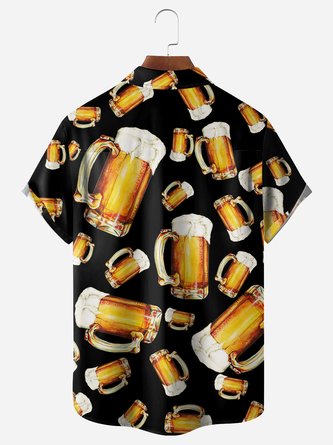 Beer-Printed Chest Pocket Hawaiian Shirt