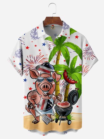 American Flag BBQ Pig and Coconut Tree Hawaiian Shirt