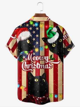 American Flag Black Cat Christmas Chest Pocket Hawaiian Shirt