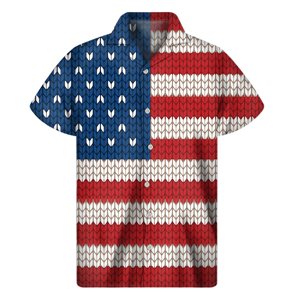 Hawaiian Style Short Sleeve Shirt with American Flag Knitted Print - 1