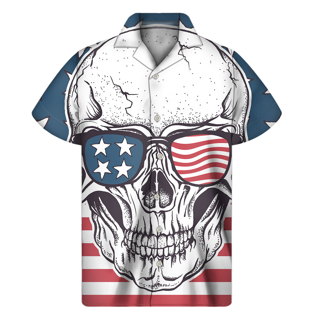 Island Style: Hawaiian Short Sleeve Shirt with American Skull and Sunglasses Print - 1