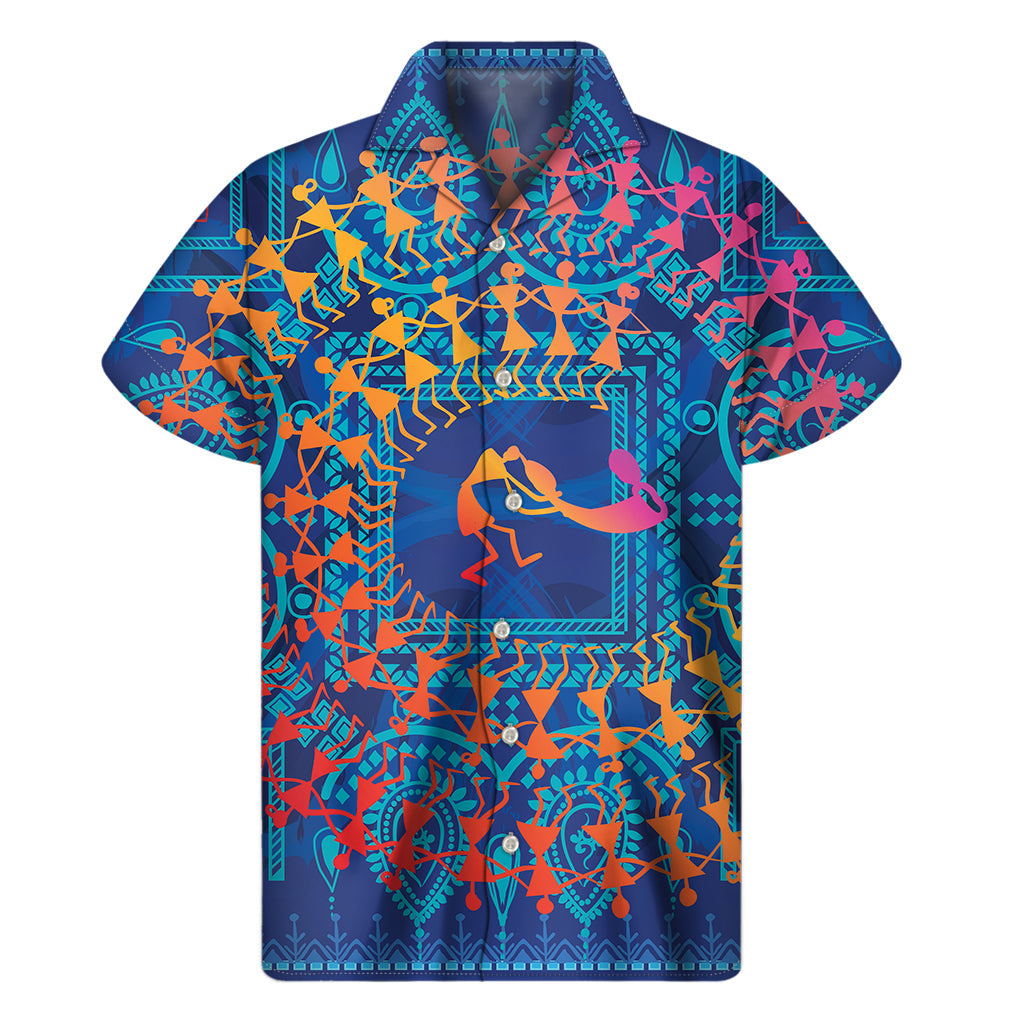 Tropical Vibes: Hawaiian Short Sleeve Shirt with Ancient Indian Warli Tribal Print - 1