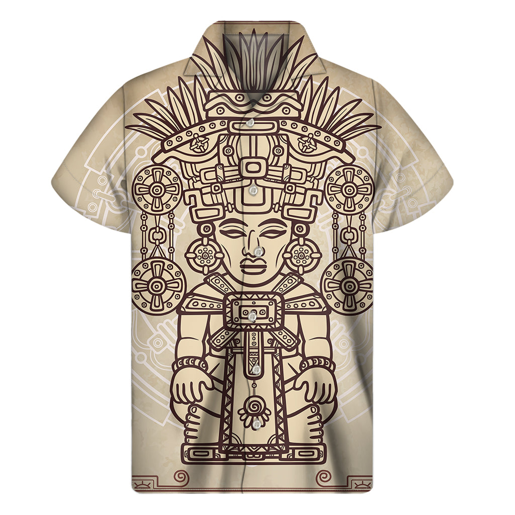 Tropical Elegance: Ancient Mayan Statue Print Hawaiian Short Sleeve Shirt - 1