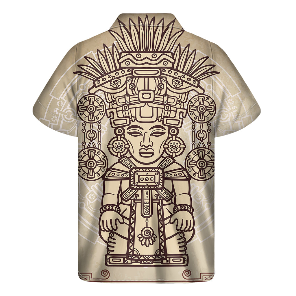 Tropical Elegance: Ancient Mayan Statue Print Hawaiian Short Sleeve Shirt - 2