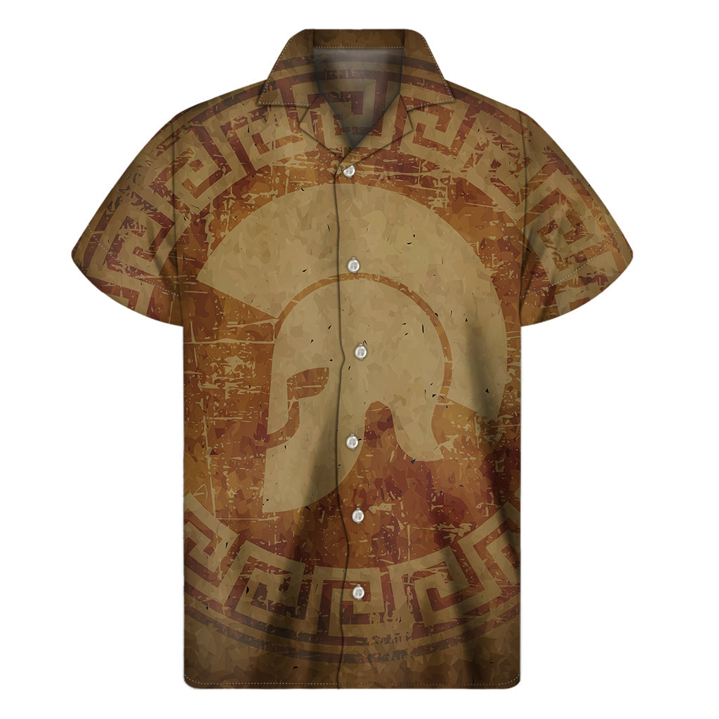 Tropical Warrior: Hawaiian Short Sleeve Shirt with Ancient Spartan Helmet Print - 1