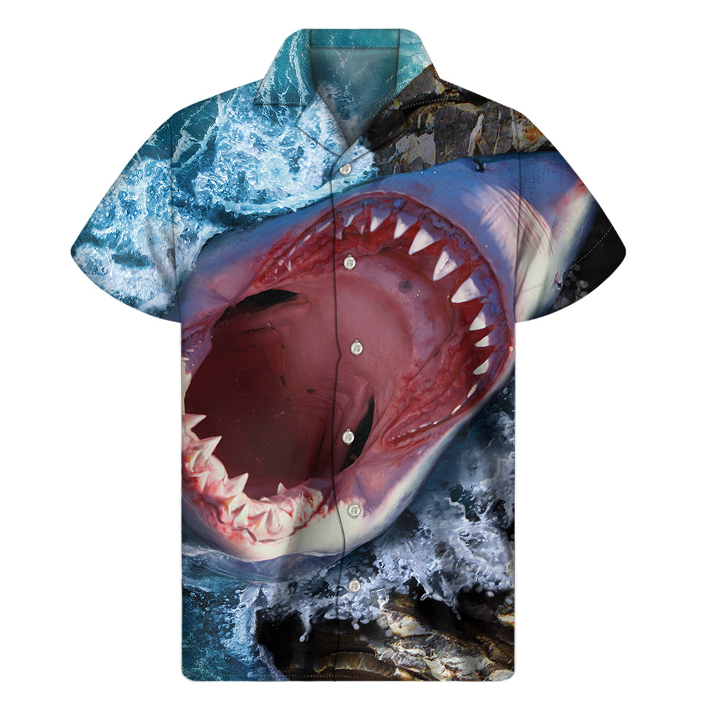 Angry Shark Hawaiian Print Short Sleeve Shirt - 1