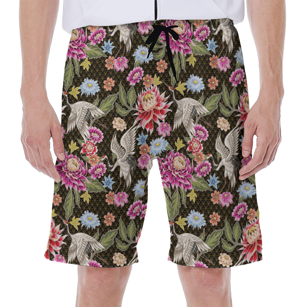 Asian Crane Bird Pattern Hawaiian Men's Beach Shorts - 1