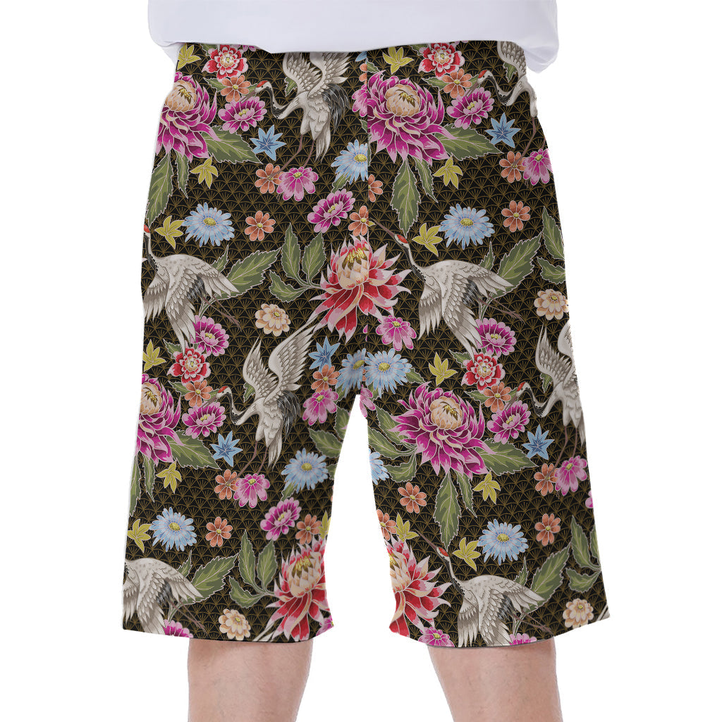 Asian Crane Bird Pattern Hawaiian Men's Beach Shorts - 1