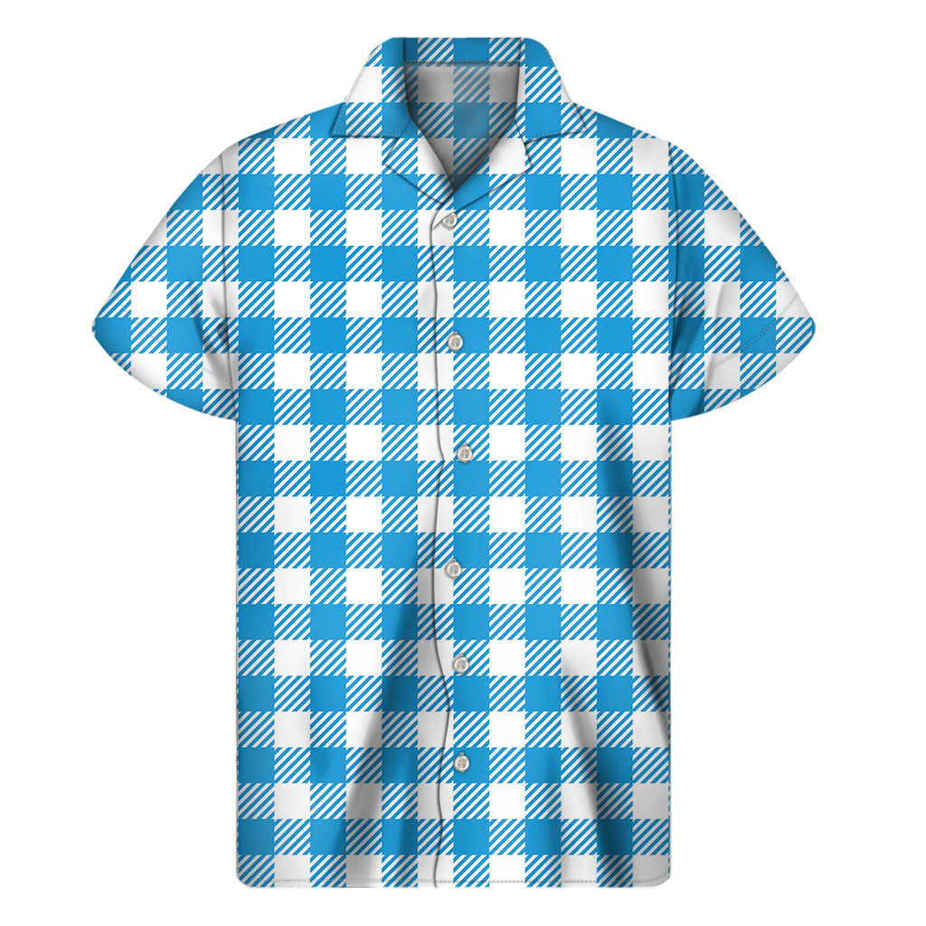 Azure Blue and White Hawaiian Gingham Print Short Sleeve Shirt - 1