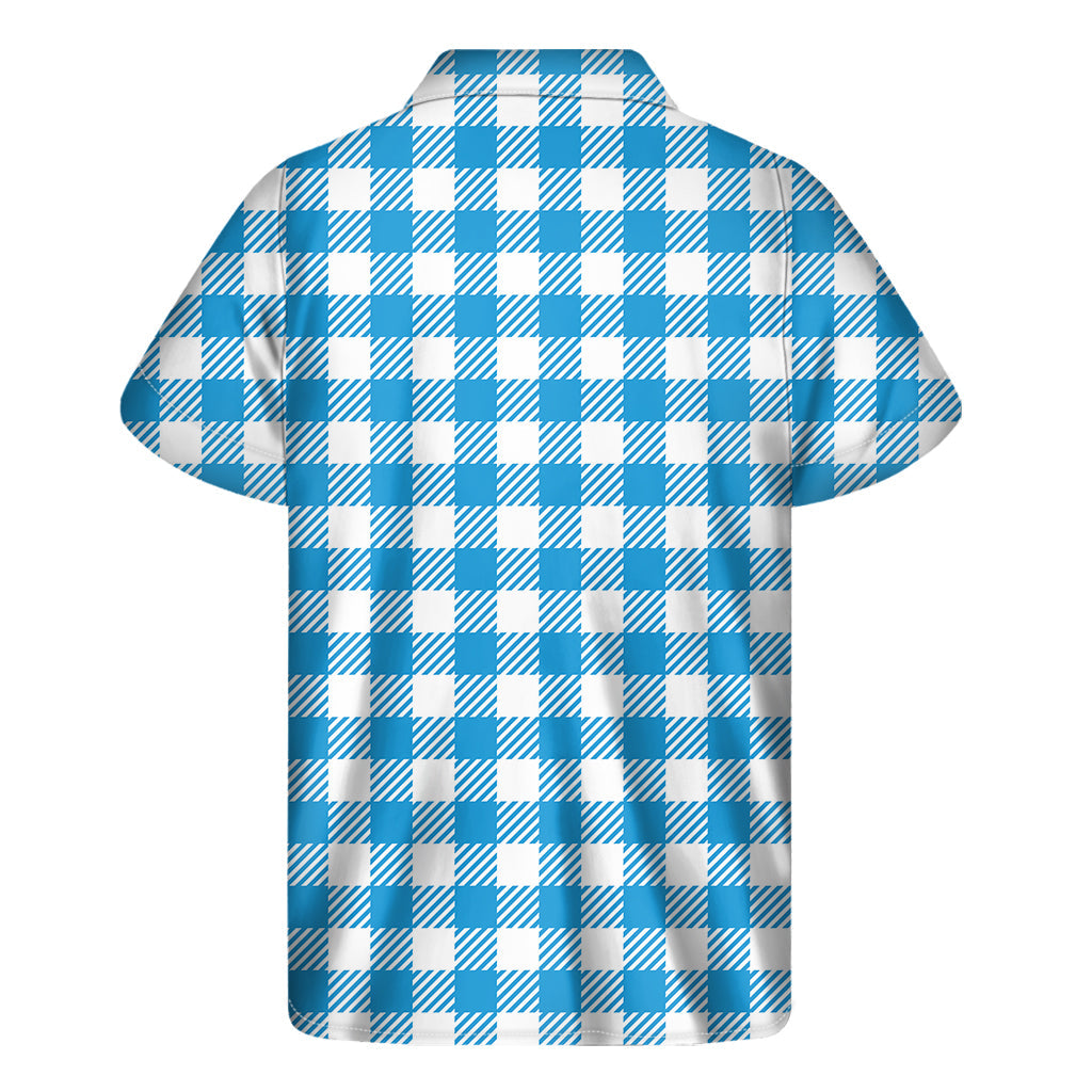 Azure Blue and White Hawaiian Gingham Print Short Sleeve Shirt - 1