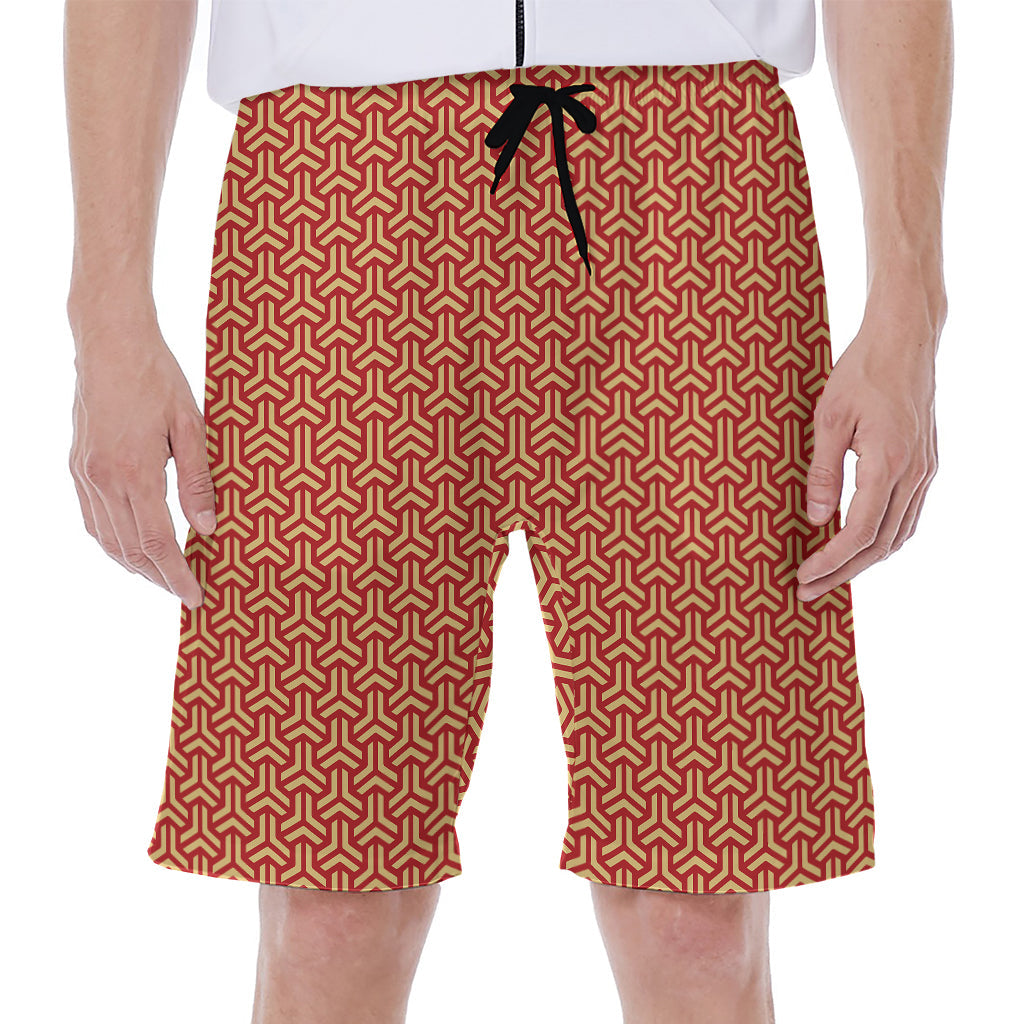 Beige and Red Hawaiian Pattern Men's Beach Shorts - 1