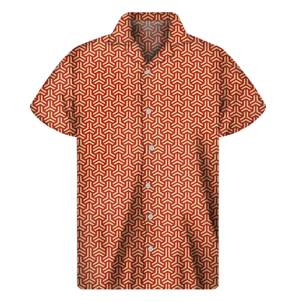 Beige and Red Hawaiian Floral Print Men&#39;s Short Sleeve Shirt - 1