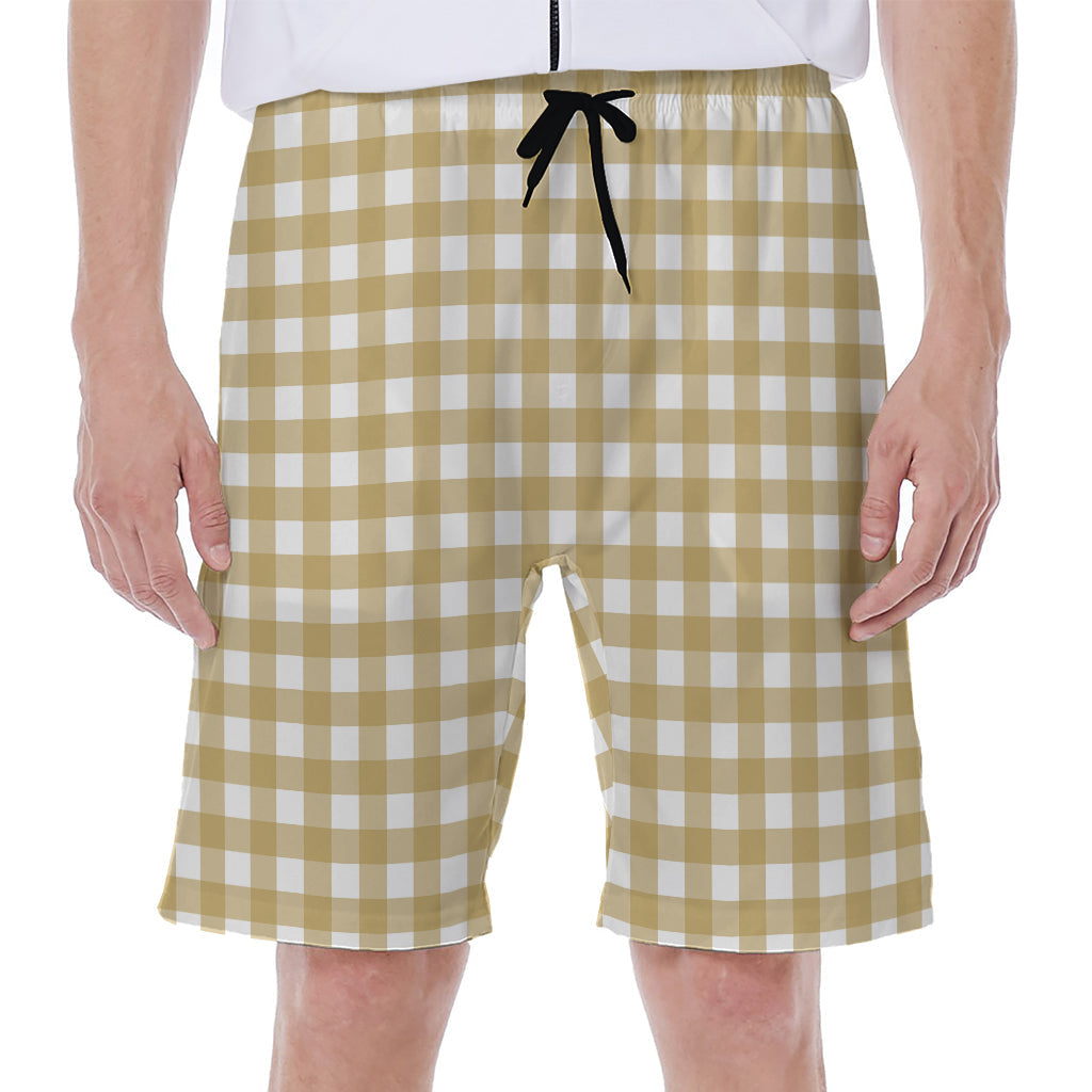 Beige and White Check Pattern Print Hawaiian Men&#39;s Beach Shorts - 1