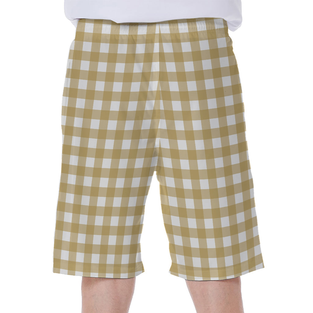 Beige and White Check Pattern Print Hawaiian Men&#39;s Beach Shorts - 2