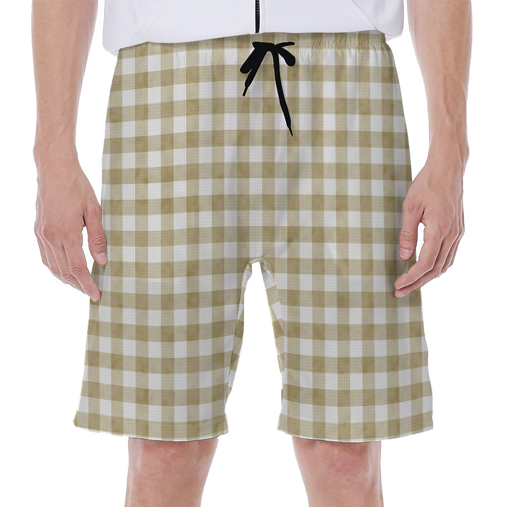 Beach Ready: Beige and White Gingham Hawaiian Men&#39;s Shorts - 1