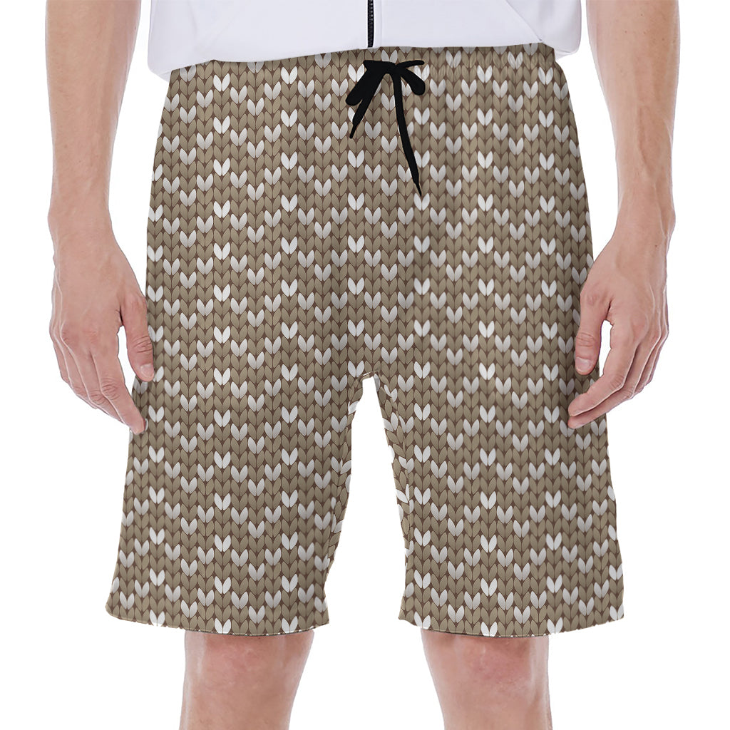 Beige and White Knitted Pattern Hawaiian Men&#39;s Beach Shorts - 1