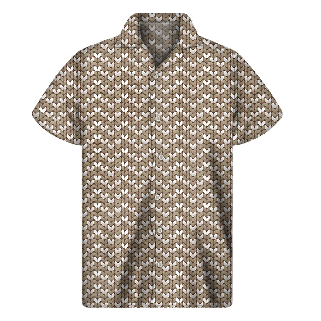 Beige and White Hawaiian Knitted Pattern Short Sleeve Shirt - 1