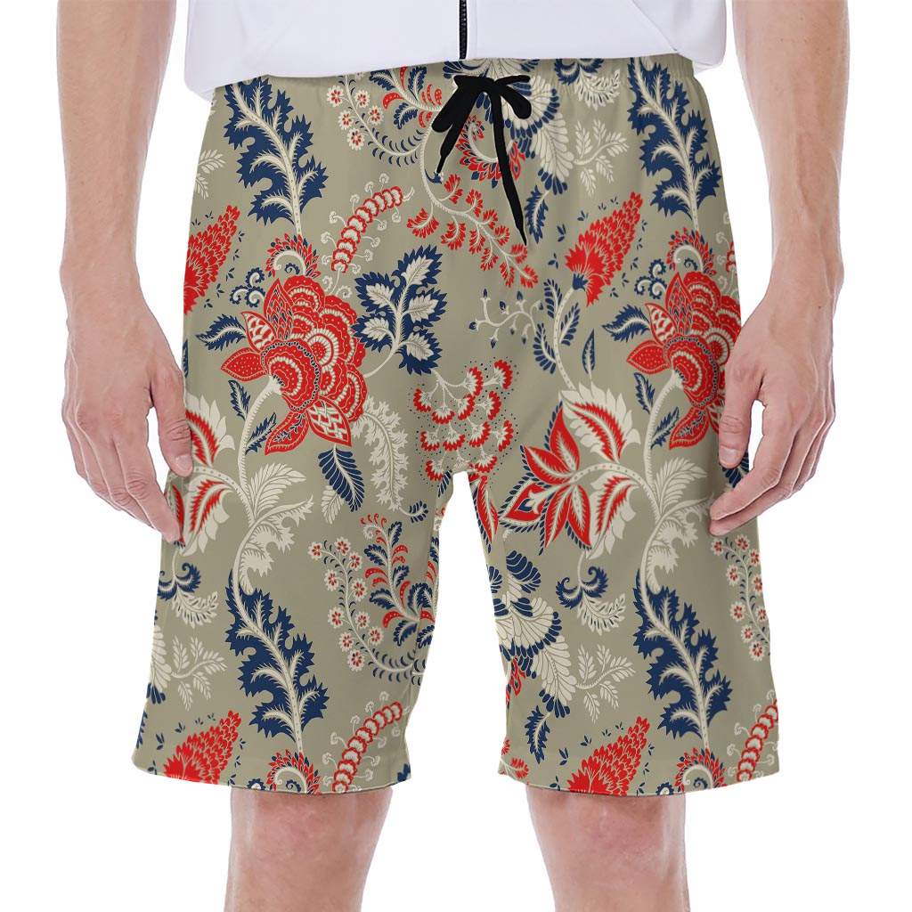 Beige Bohemian Floral Print Men&#39;s Hawaiian Beach Shorts - 1