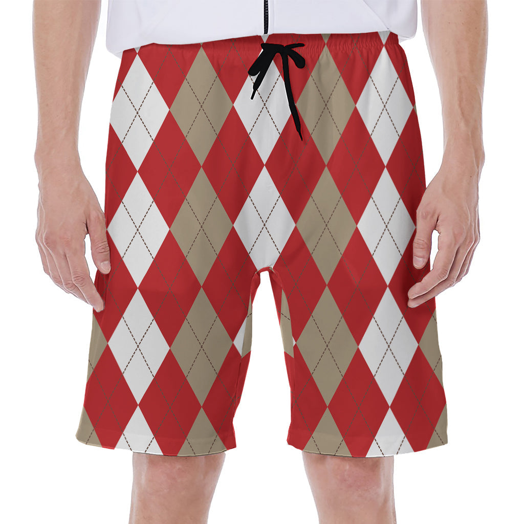 Beige, Red, and White Argyle Pattern Hawaiian Men's Beach Shorts - 1