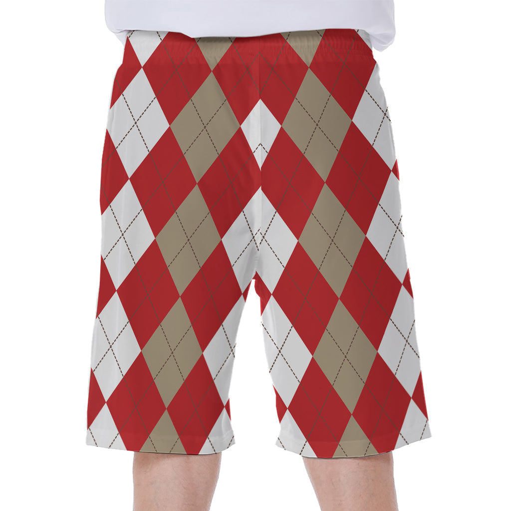 Beige, Red, and White Argyle Pattern Hawaiian Men's Beach Shorts - 1