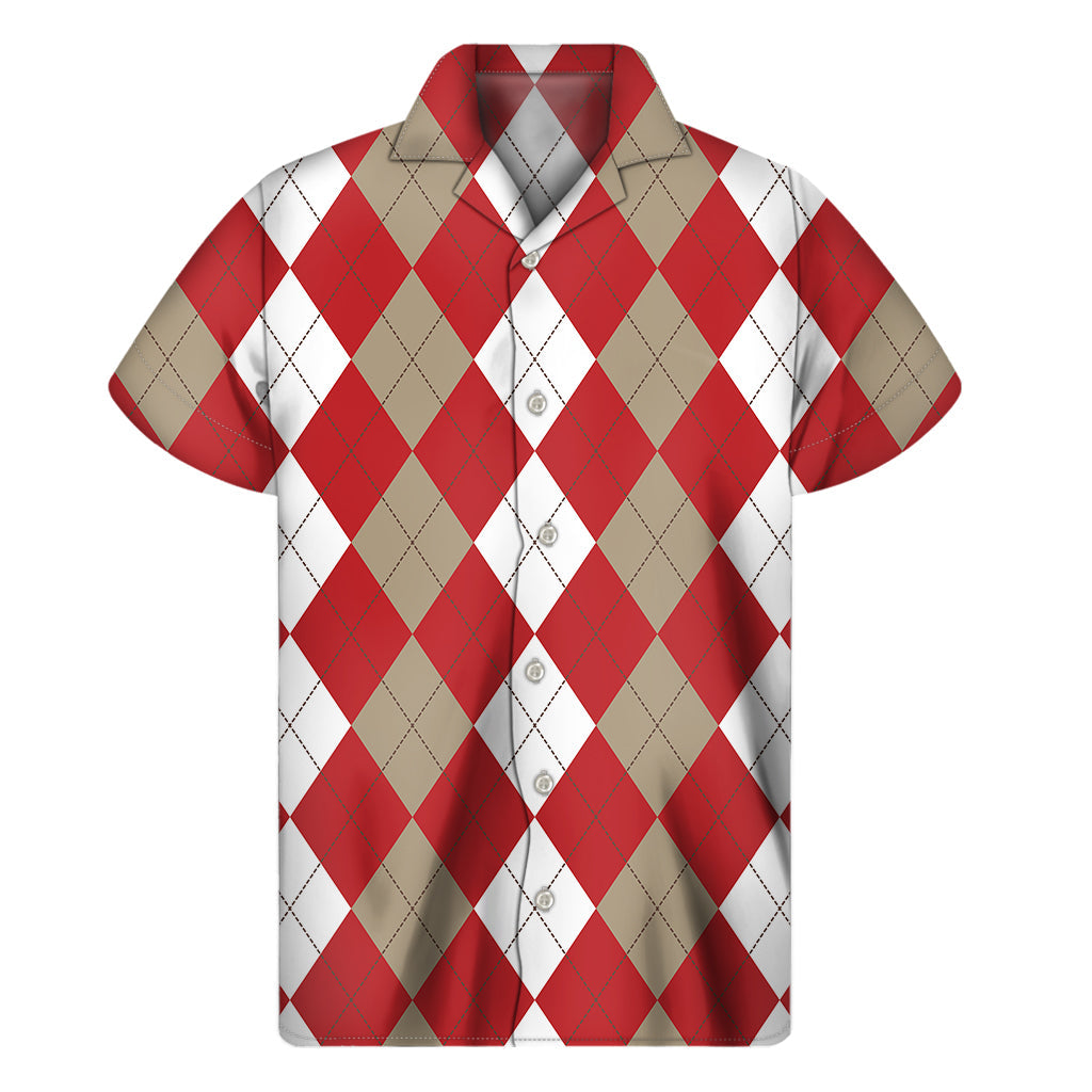 Beige, Red, and White Argyle Hawaiian Print Short Sleeve Shirt - 1