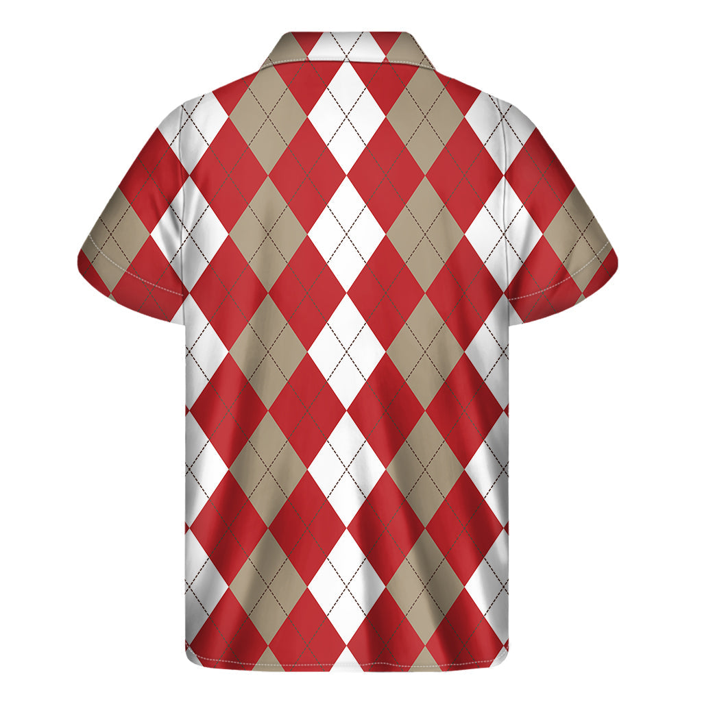 Beige, Red, and White Argyle Hawaiian Print Short Sleeve Shirt - 2