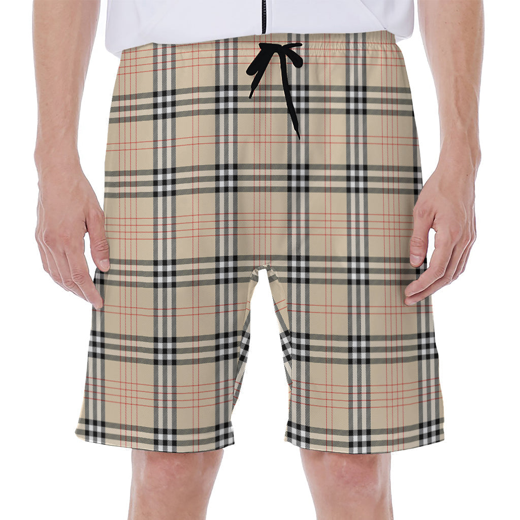 Beige Tartan Pattern Print Hawaiian Men&#39;s Beach Shorts - 1