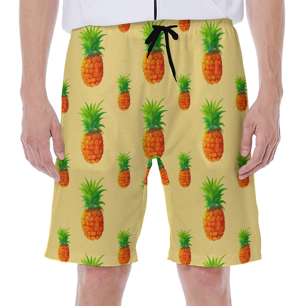 Beige Watercolor Pineapple Hawaiian Men's Beach Shorts - 1