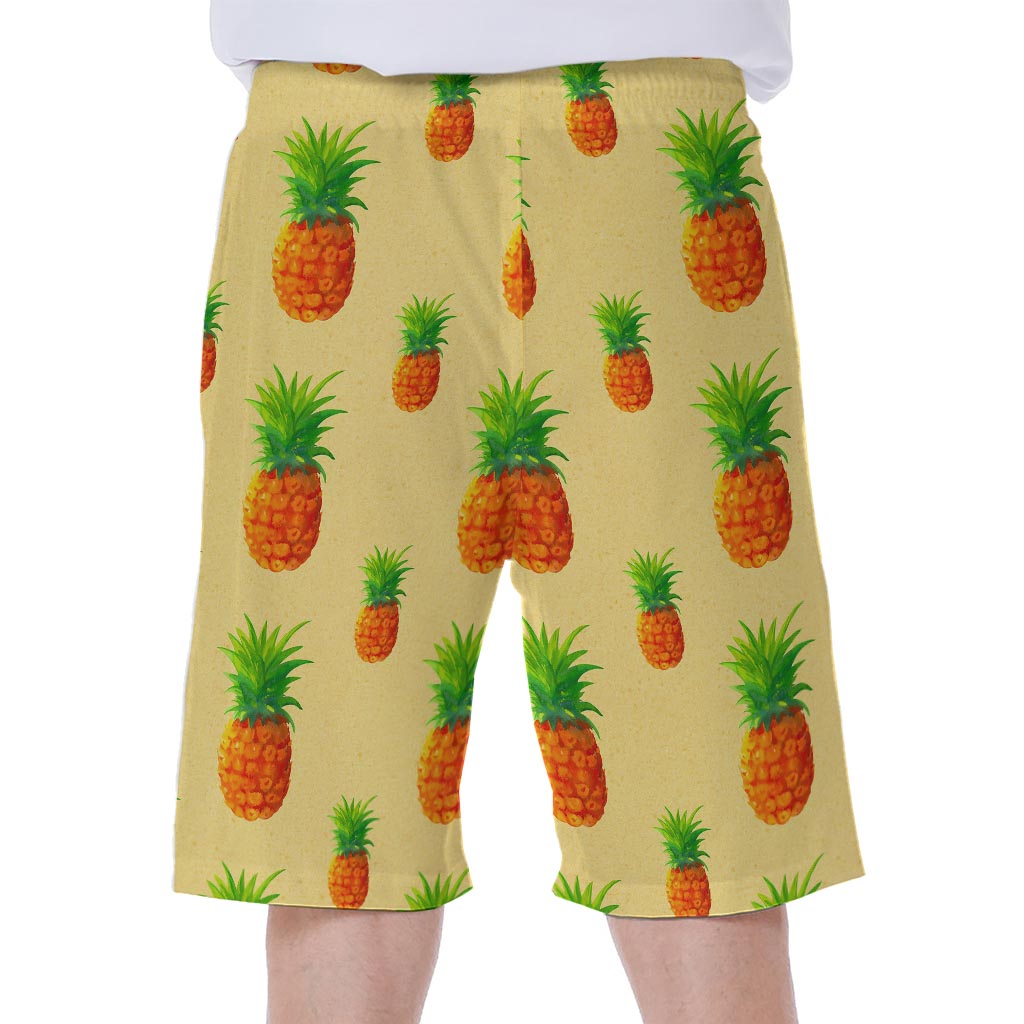 Beige Watercolor Pineapple Hawaiian Men's Beach Shorts - 1