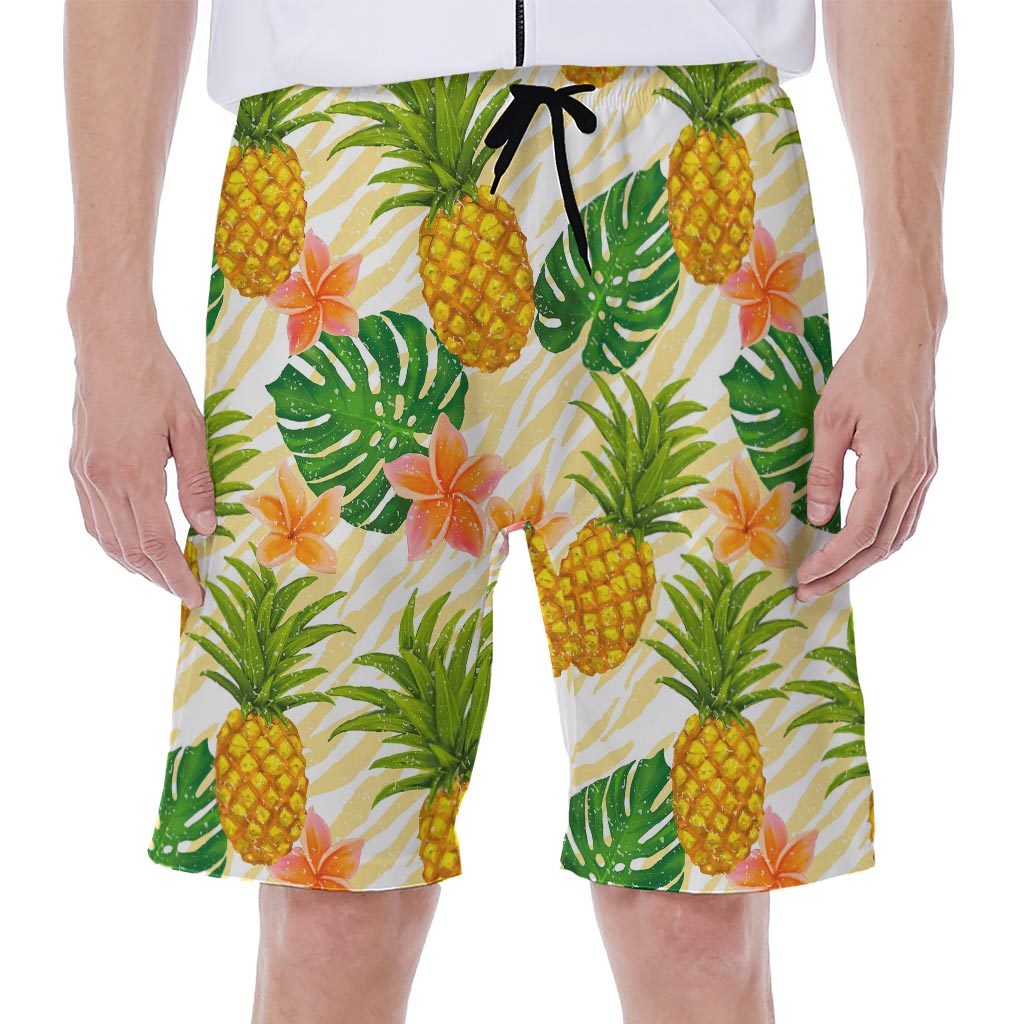 Beige Zebra Pineapple Pattern Print Hawaiian Men&#39;s Beach Shorts - 1