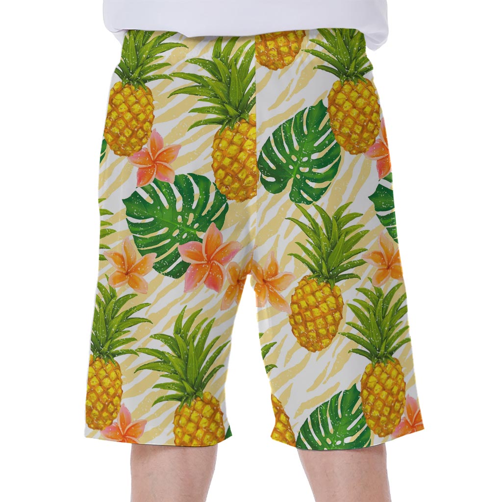 Beige Zebra Pineapple Pattern Print Hawaiian Men&#39;s Beach Shorts - 2