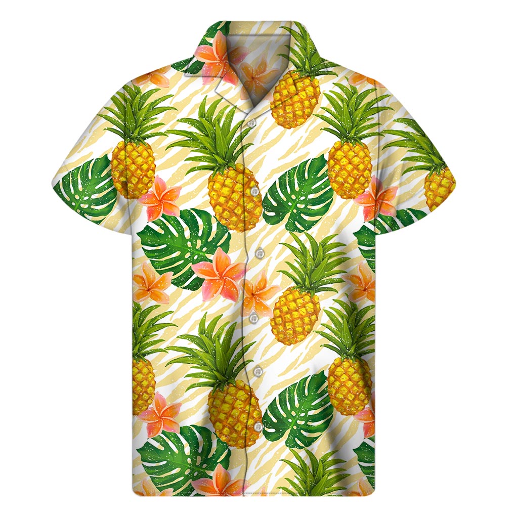 Beige Zebra Pineapple Hawaiian Mens Short Sleeve Shirt - 1