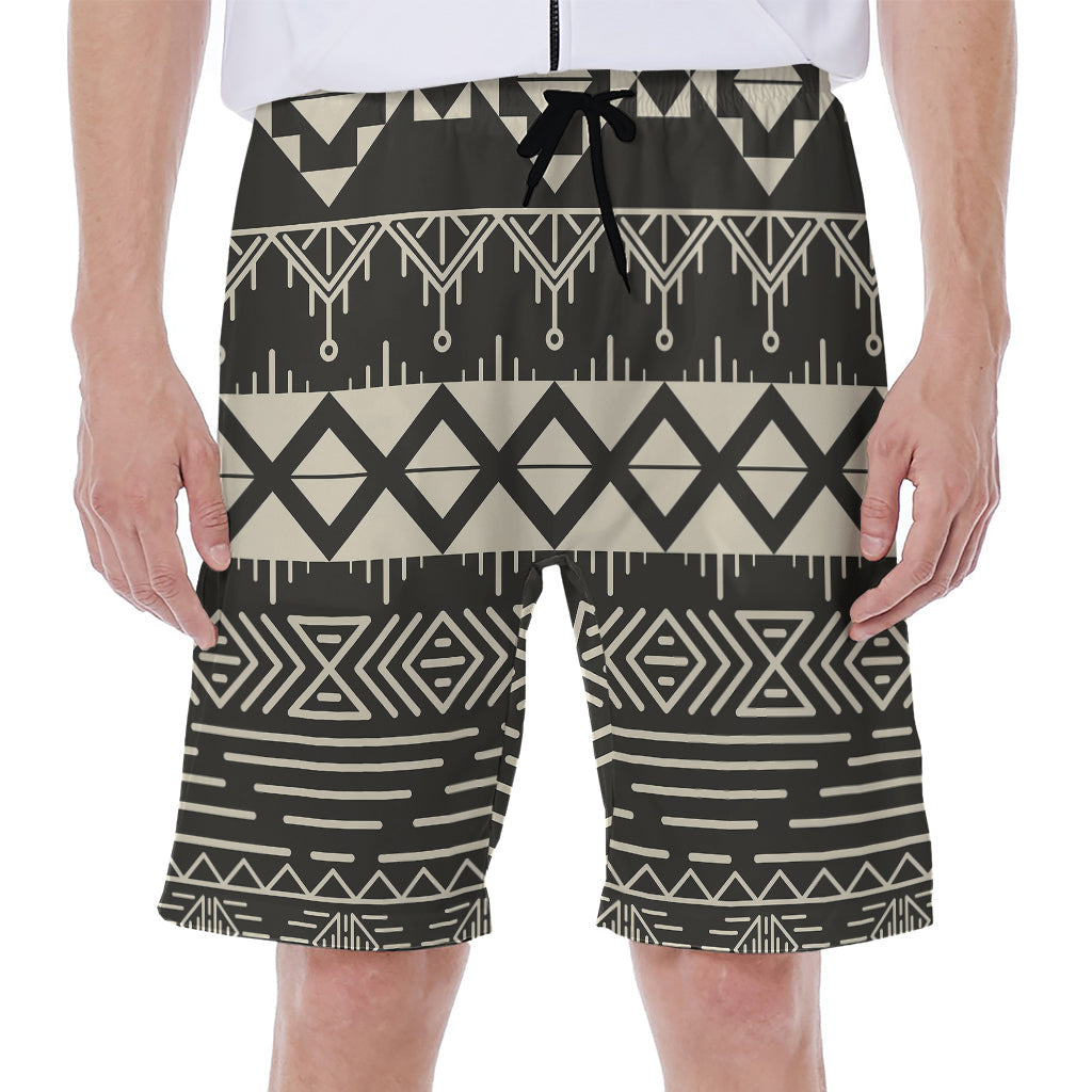 Black and Beige Aztec Pattern Hawaiian Men's Beach Shorts - 1