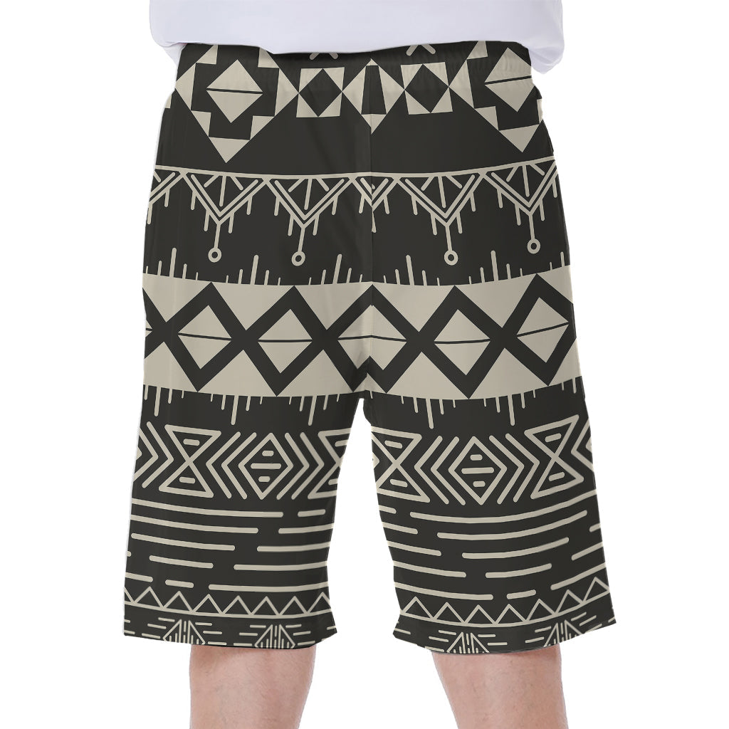 Black and Beige Aztec Pattern Hawaiian Men's Beach Shorts - 1