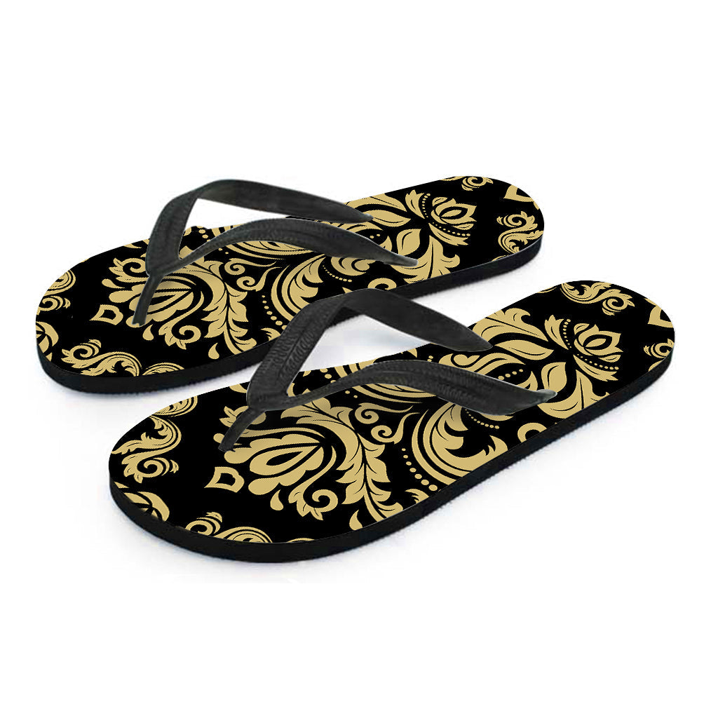 Black and Beige Damask Pattern Hawaiian Flip Flops: The Perfect Addition to Your Aloha Attire - 2